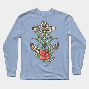 Anchor with Compass Windrose and Rose Flower Long Sleeve T-Shirt